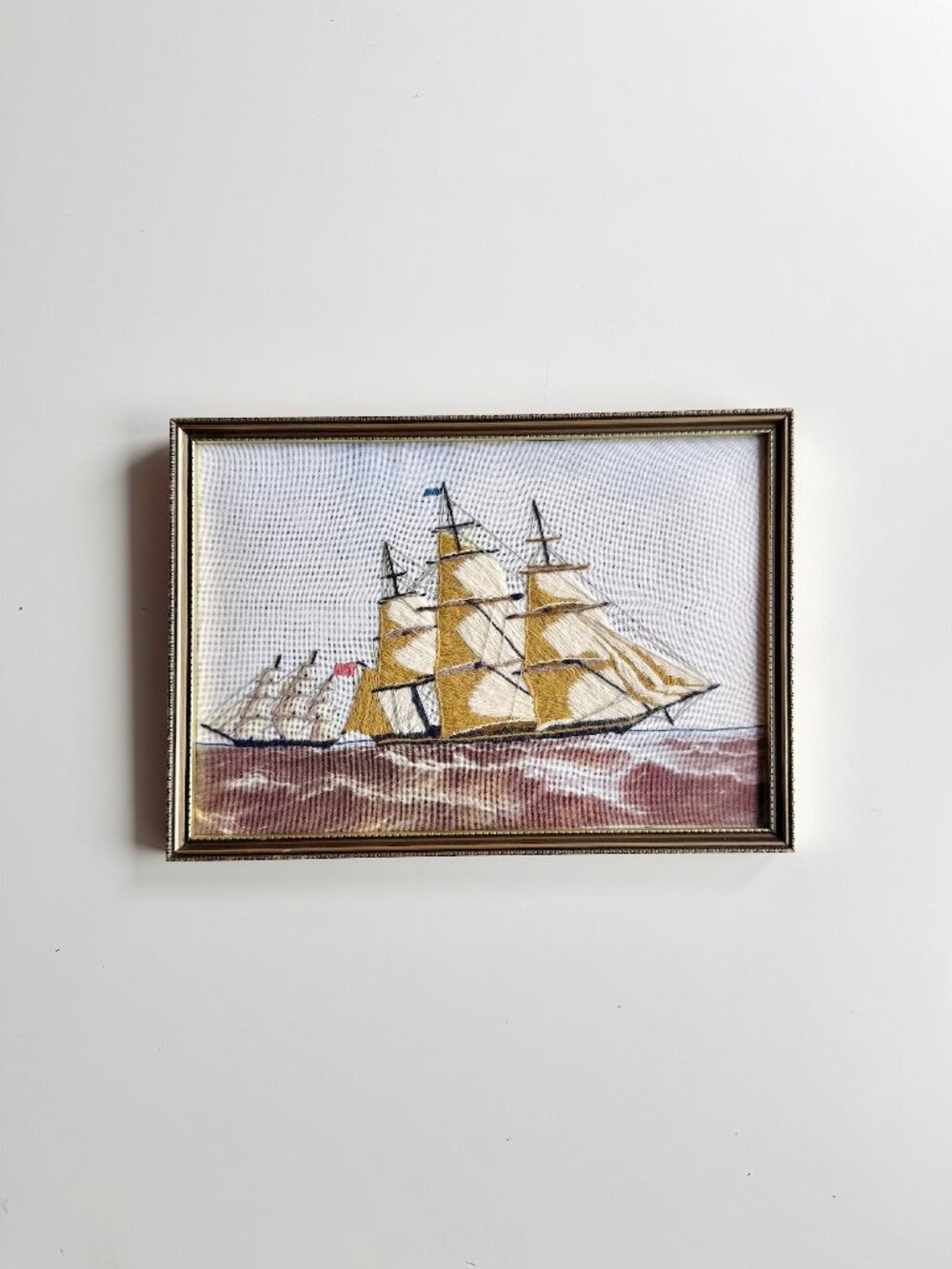 Vintage Crewel Embroidered "The Flying Cloud" Ship Wood Framed Wall Art Artwork